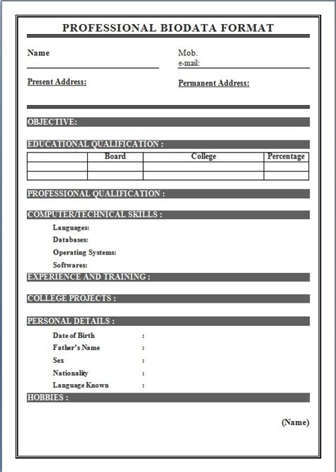 Biodata is a document that concentrates on your details such as date of birth a sort of biodata form may be needed when using for government, or defense jobs. Biodata Format For Job Application - Download Sample Biodata Form