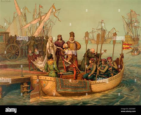 Christopher Columbus And His Crew Leaving The Port Of Palos Spain