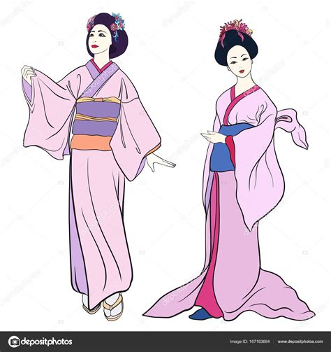 Jeunes Femmes En Kimono Traditionnel Japonais Dessin Isolé St Image