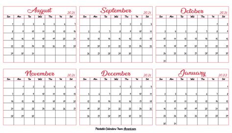 August 2021 To January 2022 Calendar Time Management Tools By Axnent