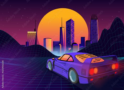 Retro Future 80s Style Sci Fi Background With Supercar Stock Vector