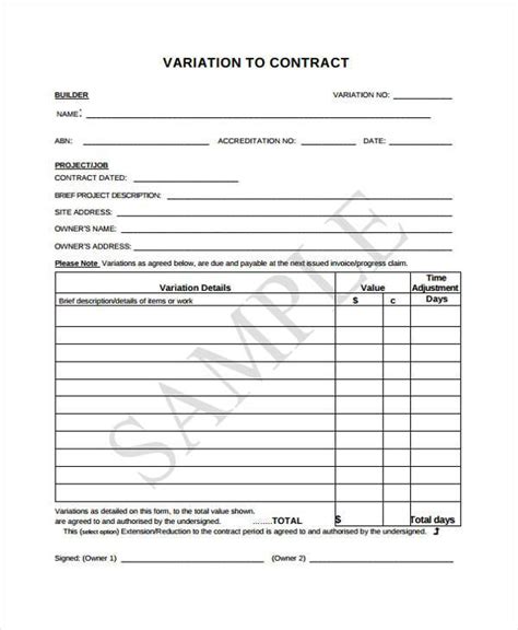 Free Contract Variation Template Printable Templates