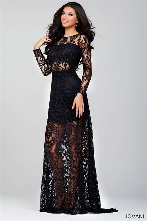 Form Fitting Black Sheer Gown Features A Sheer Waist And Long Sleeves