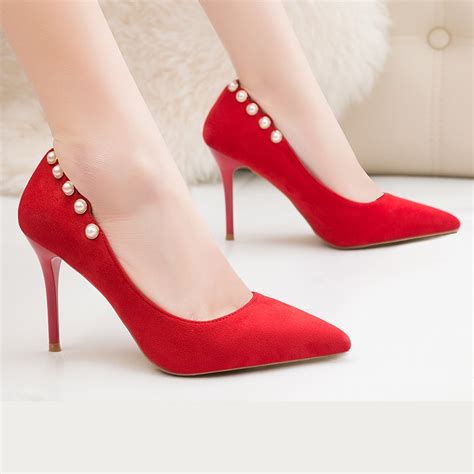 2018 Women 9cm Thin Pearl High Heels Pumps Female Elegant Red Wedding