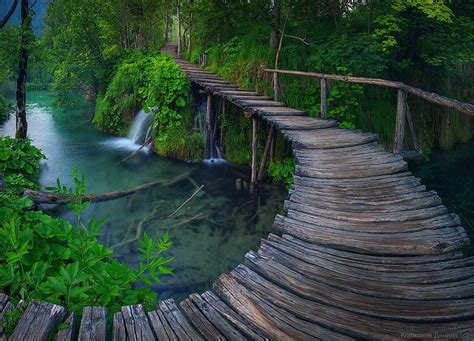 Long Bridge Green Bridge Nature Forests Waterfalls Hd Wallpaper