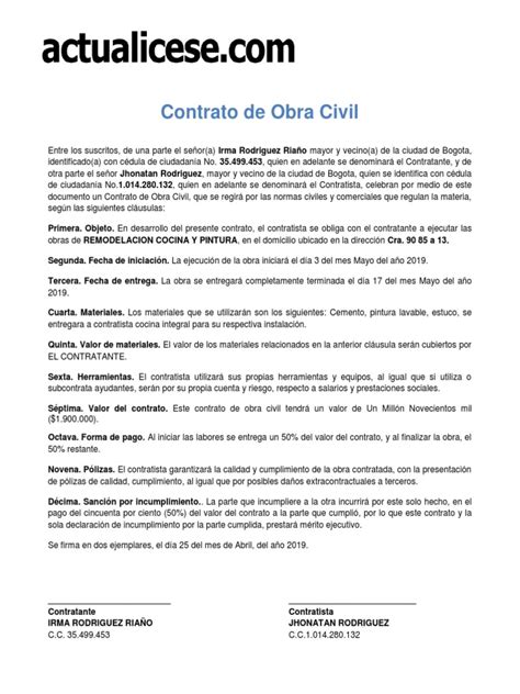 Contrato De Obra Civil Pdf Gobierno