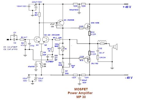 100w mosfet power amplifier schematic circuit diagram a 100w mosfet power amplifier circuit based on irfp240 and irfp9240 mosfets is shown here. 100W Mosfet Power Amplifier Circuit Image - Home Wiring Diagram