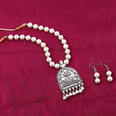 Buy Exclusive Designer Oxidised Pendant White Pearl Jewellery Set For