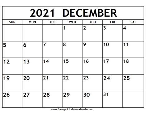 December 2021 Calendar Printable Printable World Holiday