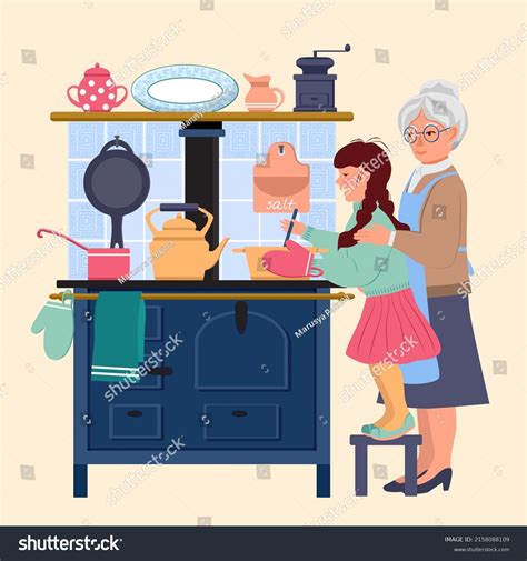 Granddaughter Helps Grandmother Kitchen Elderly Woman Stock Vector Royalty Free 2158088109