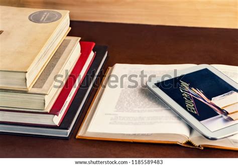 Open Textbook Notepad On Table Concept Stock Photo 1185589483