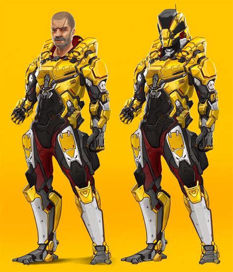 Two Renderings Of A Man In Yellow And Black Armor Standing Next To