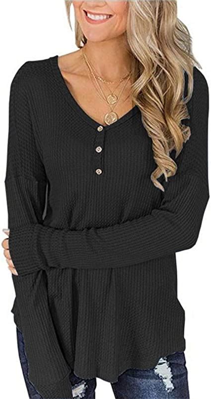 Tinciy Womens Button Up Long Sleeve Waffle Knit Tunic Blouse V Neck