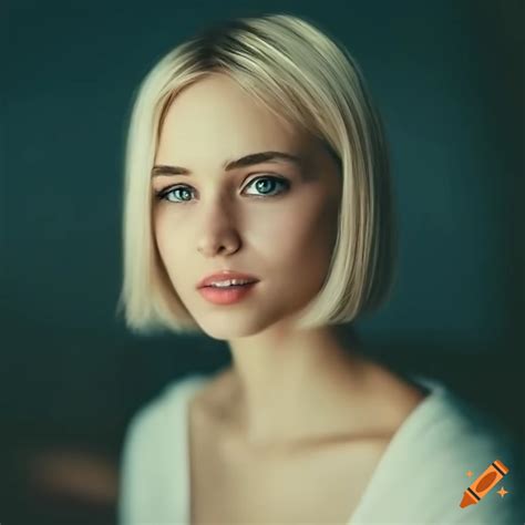Portrait Of A Beautiful Young Woman With Light Eyes And Shy Smile
