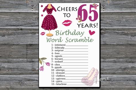 65th Birthday Birthday Word Scramble Gameadult Birthday Gameinstant