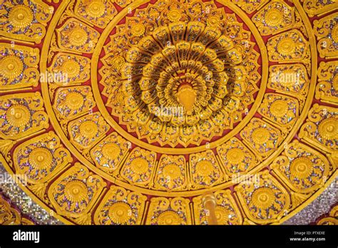 Beautiful Golden Decorated Ceiling In Lotus Shape With Lamp At The