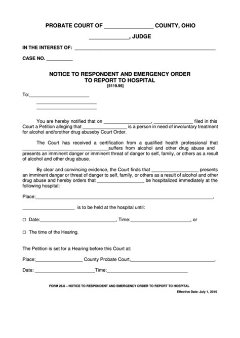 Fillable Ohio Probate Form Notice To Respondent And Emergency Order
