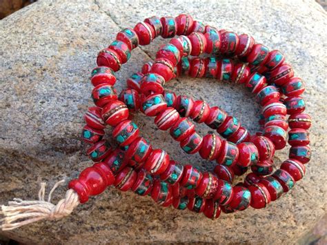red yak bone mala with turquoise coral and copper 8mm serenity tibet singing bowls