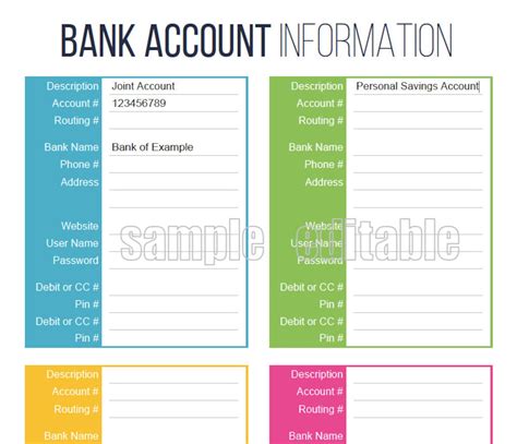 Bank Account Information Printable Fillable Personal Finance Organizing