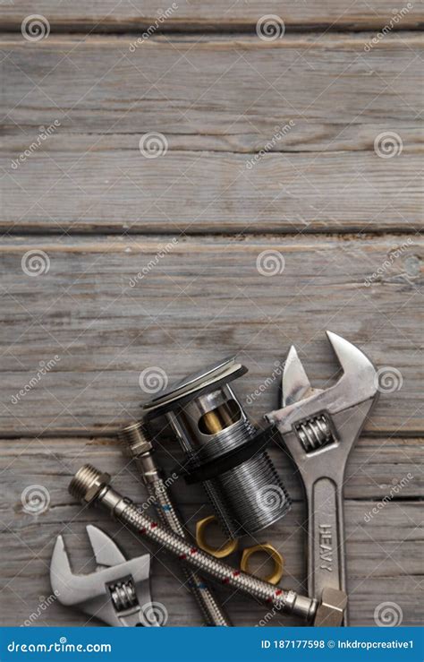 Home Improvement Background With Plumbing Tools And Equipment Stock