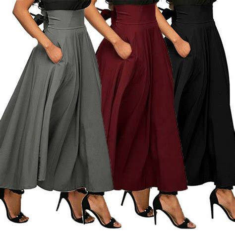 Bagilaanoe Usa High Waist Pleated Long Skirts Women Flared Full Maxi