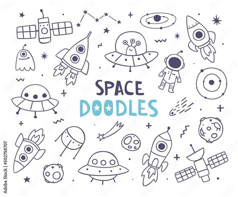Set Of Space Outline Doodles Cute Cosmic Collection Of Space Objects
