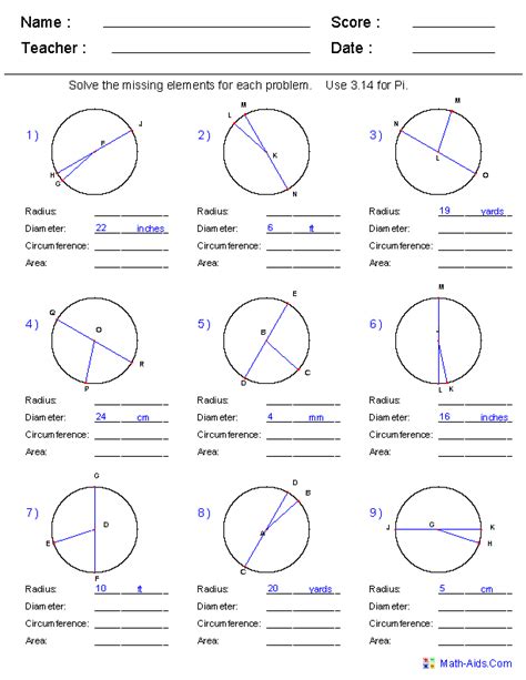 Circumference Area Radius And Diameter Worksheets Geometry Practice