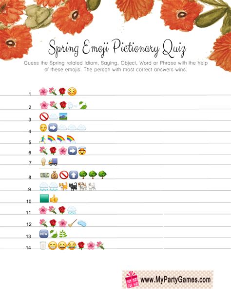Free Printable Spring Emoji Pictionary Quiz With Answer Key