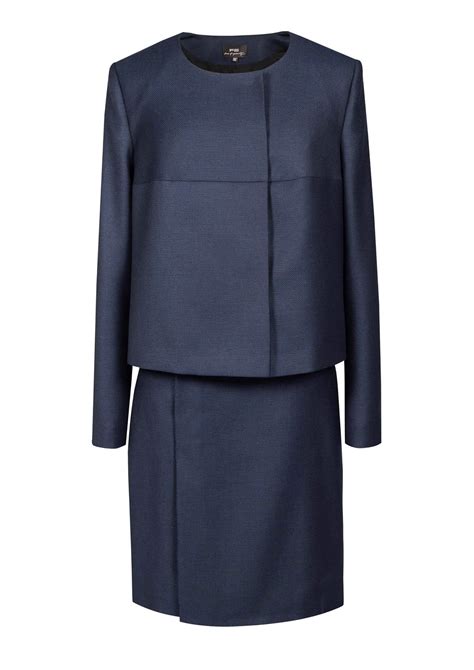 navy blue wool skirt suit with silk insert fg atelier
