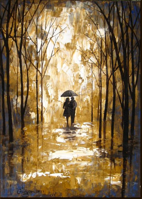 Large Original Oil Painting Palette Knife Couple In The Rain Colorful Landscape Oil On