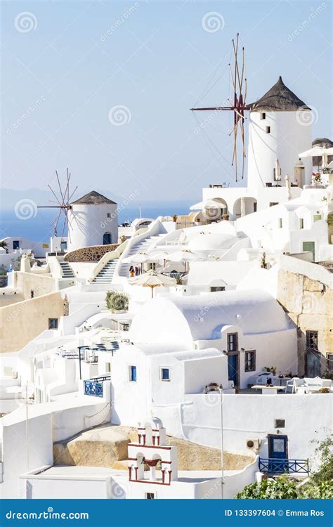 View At Windmills In Oia Santorini Greece Just Before Sunset Stock