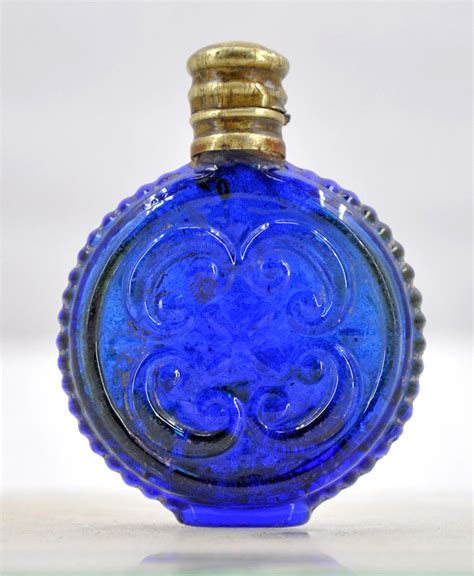 1850s Antique Hand Crafted Blue Glass Perfume Bottle Brass Cap Blue