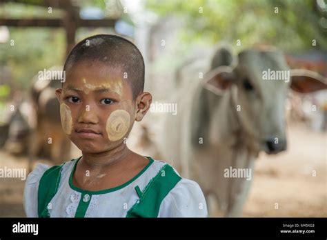 Young Burmese School Girl With Traditional Thanaka Paste On Her Face In