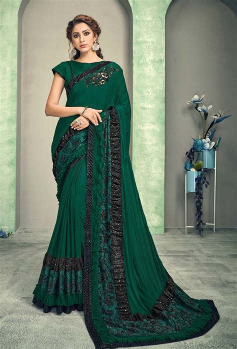 Lycra Designer Saree In Dark Green Color Saree Designs Party Wear Sarees Fancy Sarees