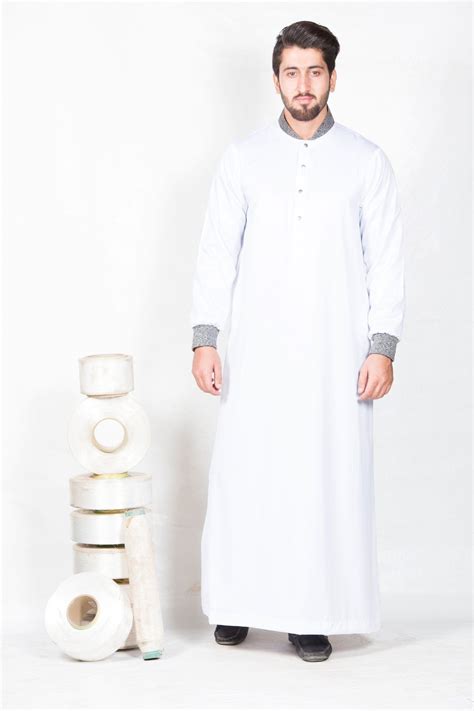 Tweed Collar White Thobe Islamic Fashion Men Gents Kurta Design Thobe