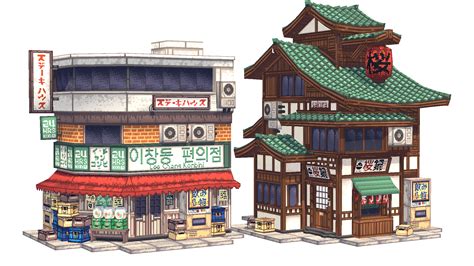 Low Poly Pixel Art Buildings For A Scene Made With Eevee Japanese