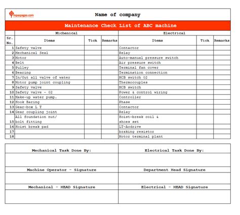 Machine Maintenance Checklist Template Excel