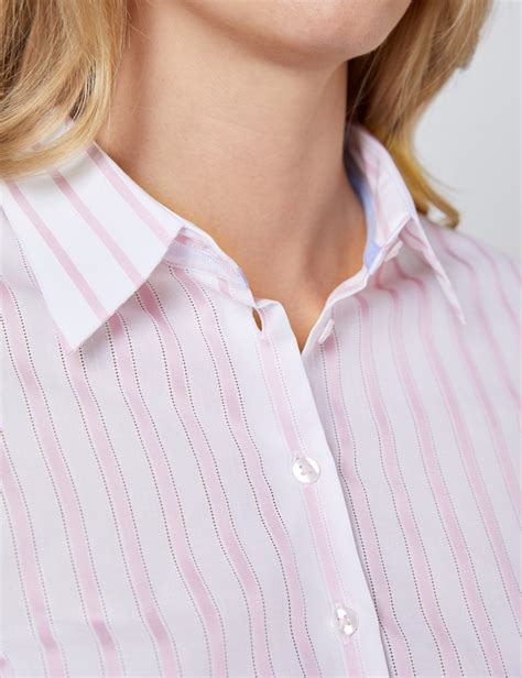 Womens White And Light Pink Stripe Fitted Shirt Single Cuff Hawes