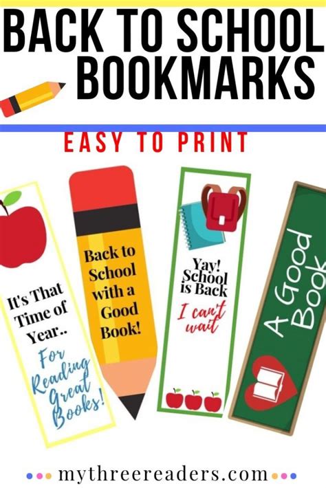 Back To School Printable Bookmarks My Three Readers