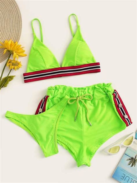 Shein Neon Lime Contrast Striped Trim Piece Swimwear Swimwear