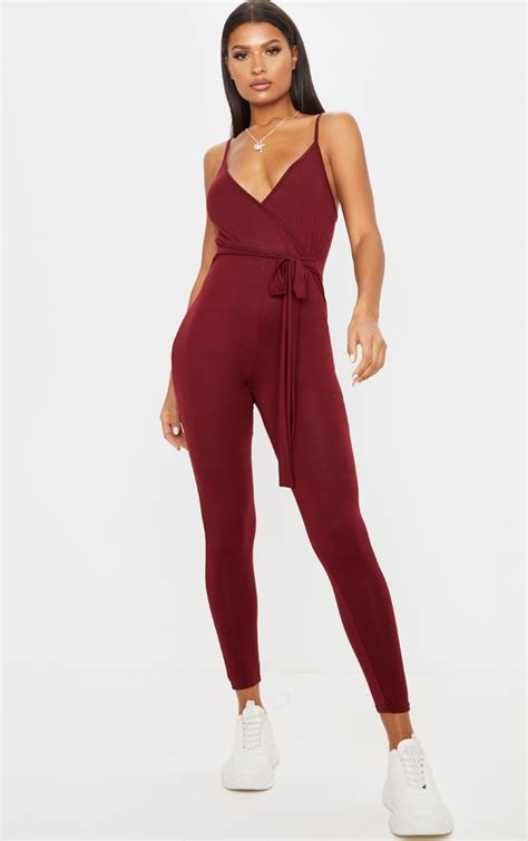 Burgundy Jersey Strappy Wrap Jumpsuit Prettylittlething