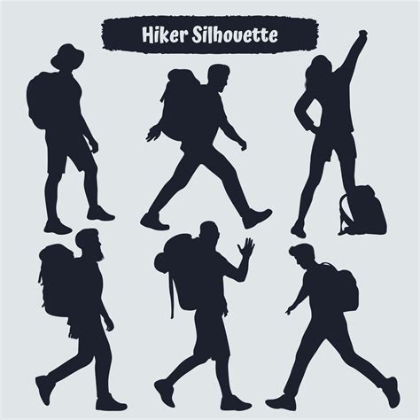 Collection Of Hiker In Mountains Silhouettes In Different Poses