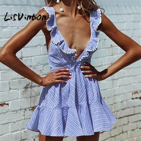 Lisvintion Ruffles Deep V Neck Sexy Backless Women Summer Dress Halter Sleeveless Striped Print