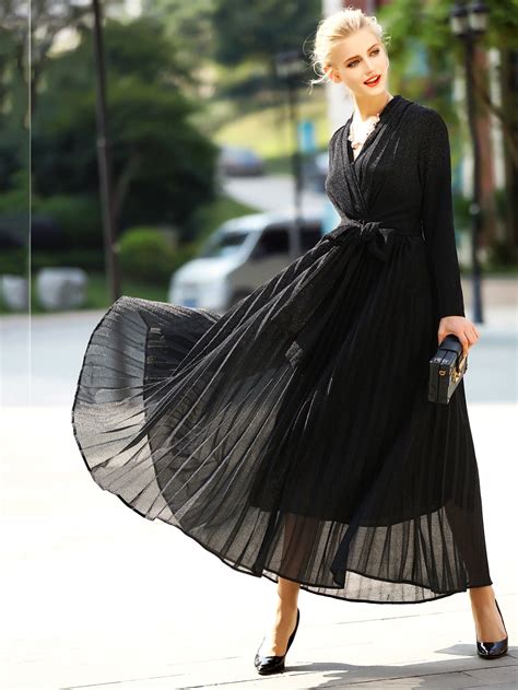 Evening Black Plain Plunging Neck Long Sleeve Pleated Maxi Dress With