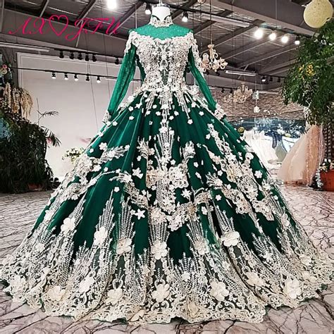 Axjfu Princess Green Lace Beading Long Sleeve Wedding Dress Luxury Vintage Turkey Flower Wedding