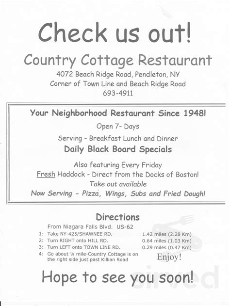 Country Cottage menu in North Tonawanda, New York, USA