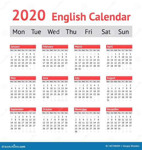 2020 European English Calendar Stock Vector Illustration Of Agenda