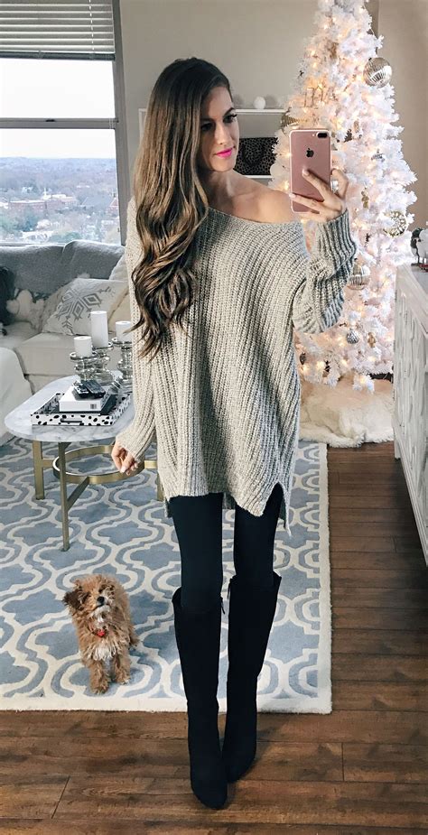 Oversized Sweater Black Leggings Black Boots And A Cute Puppy