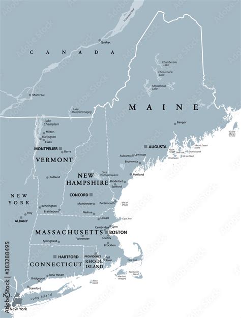 New England Region Of The United States Of America Gray Political Map