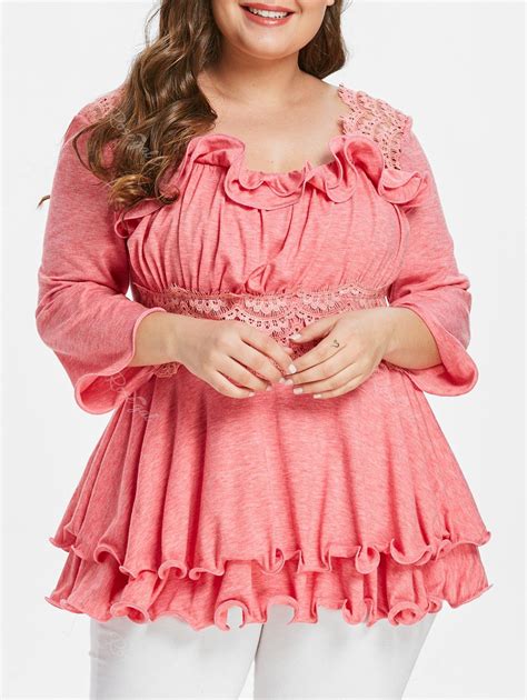 62 Off Plus Size Ruffled Lace Panel Layered Blouse Rosegal